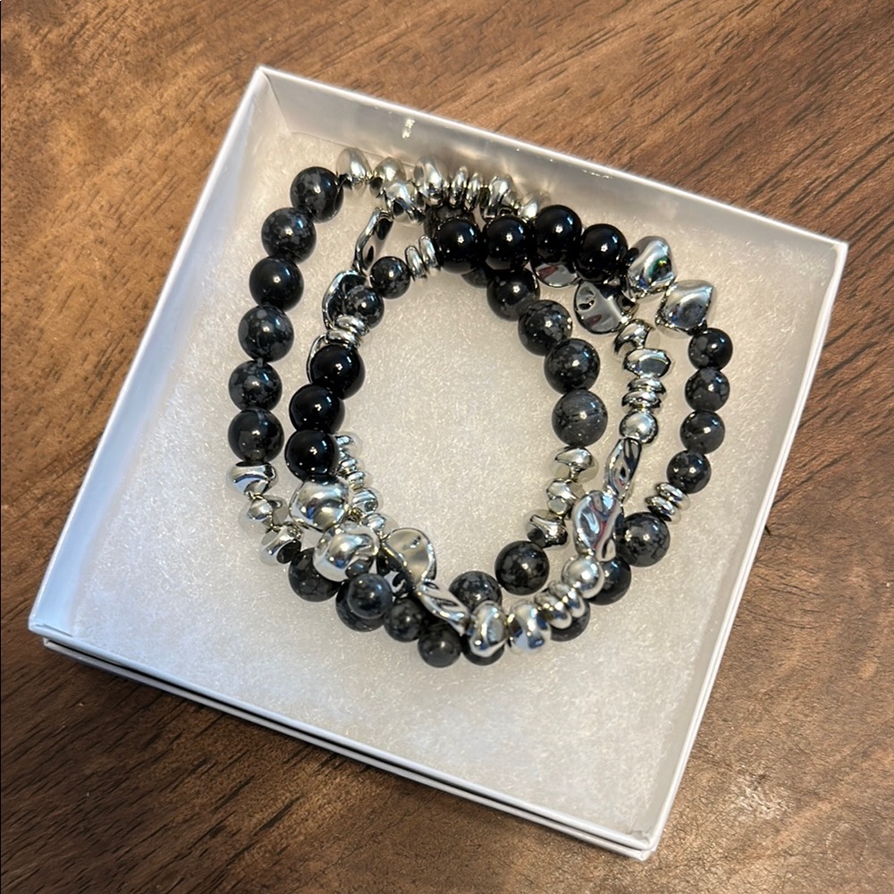 Elegant Black and Silver Beaded Bracelet Set